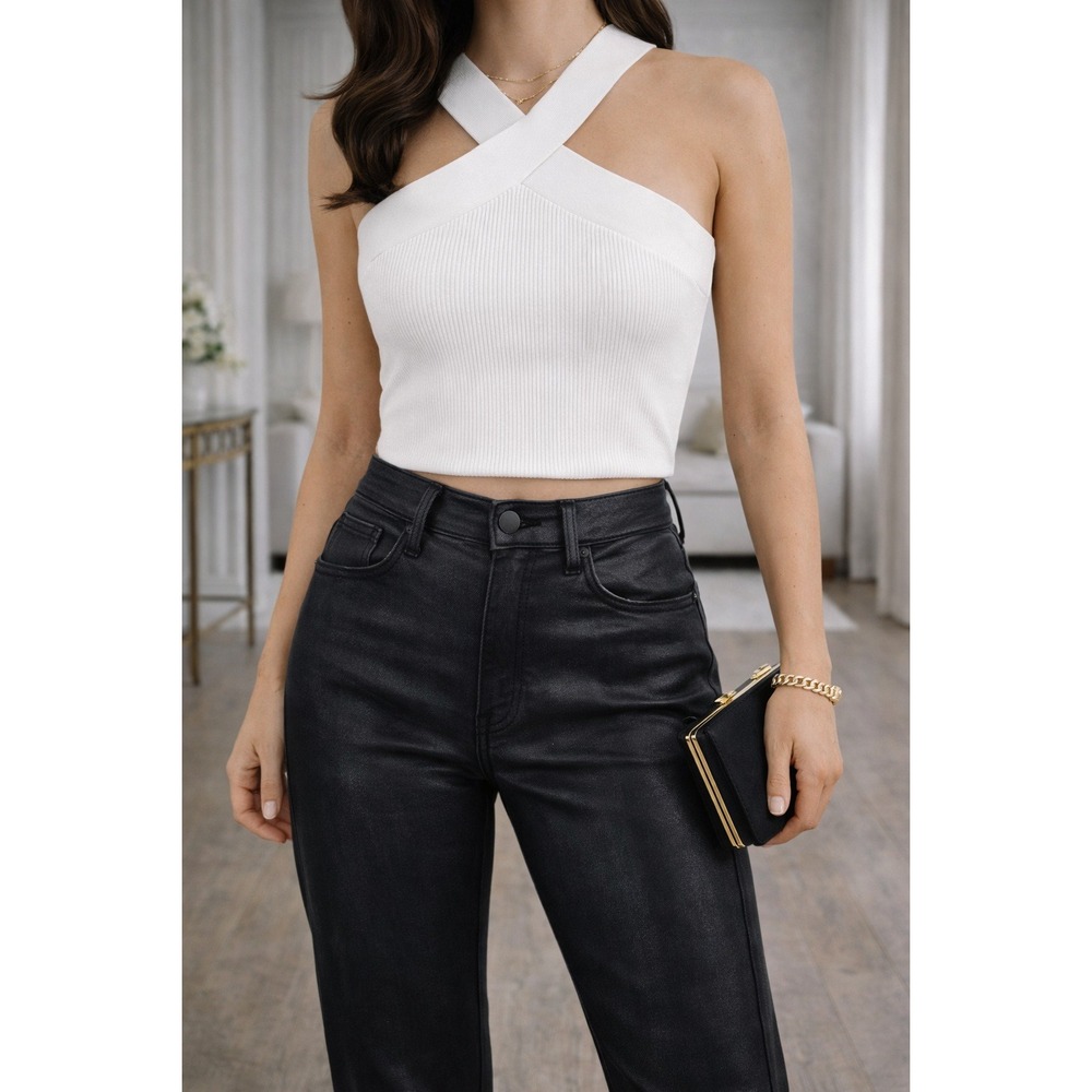 Aritzia Babaton White Ribbed Halter neck Crop Top XS